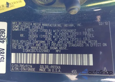 2012 Toyota Sienna Le V6 8 Passenger из США, поврежденный, VIN 5TDKK3DC7CS229883